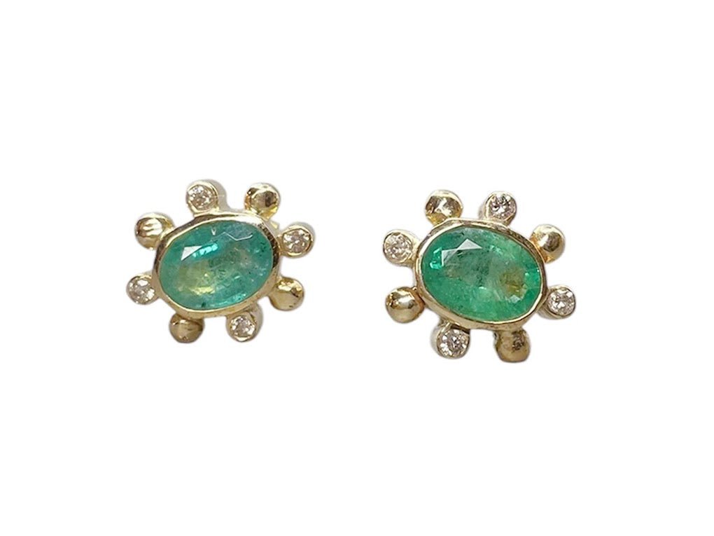 10k Emerald and Diamond Flower Earrings