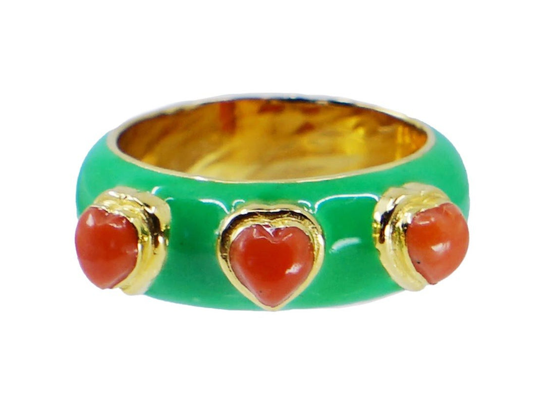 Carnelian and Green Enamel Heart Ring