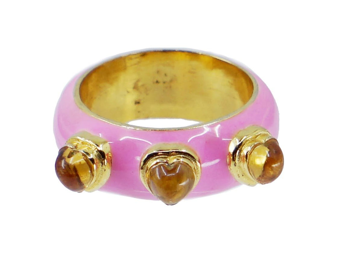 Citrine and Pink Enamel Heart Ring