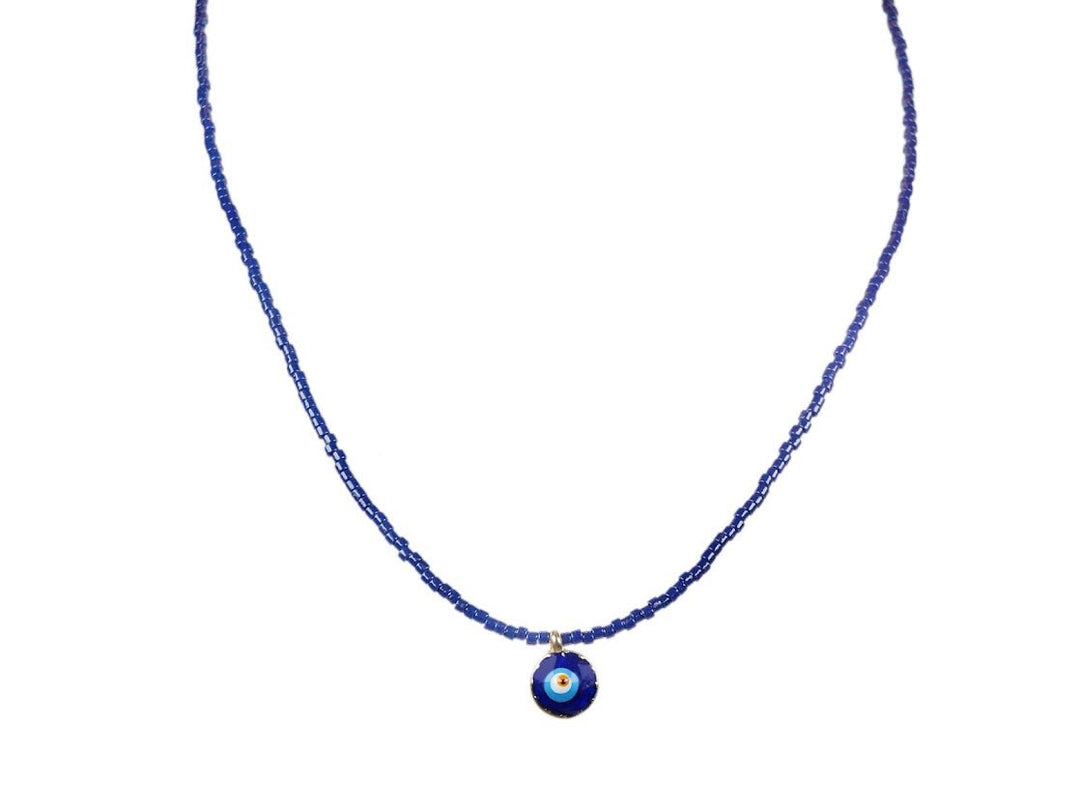 Navy Glass Bead Choker with Navy Evil Eye