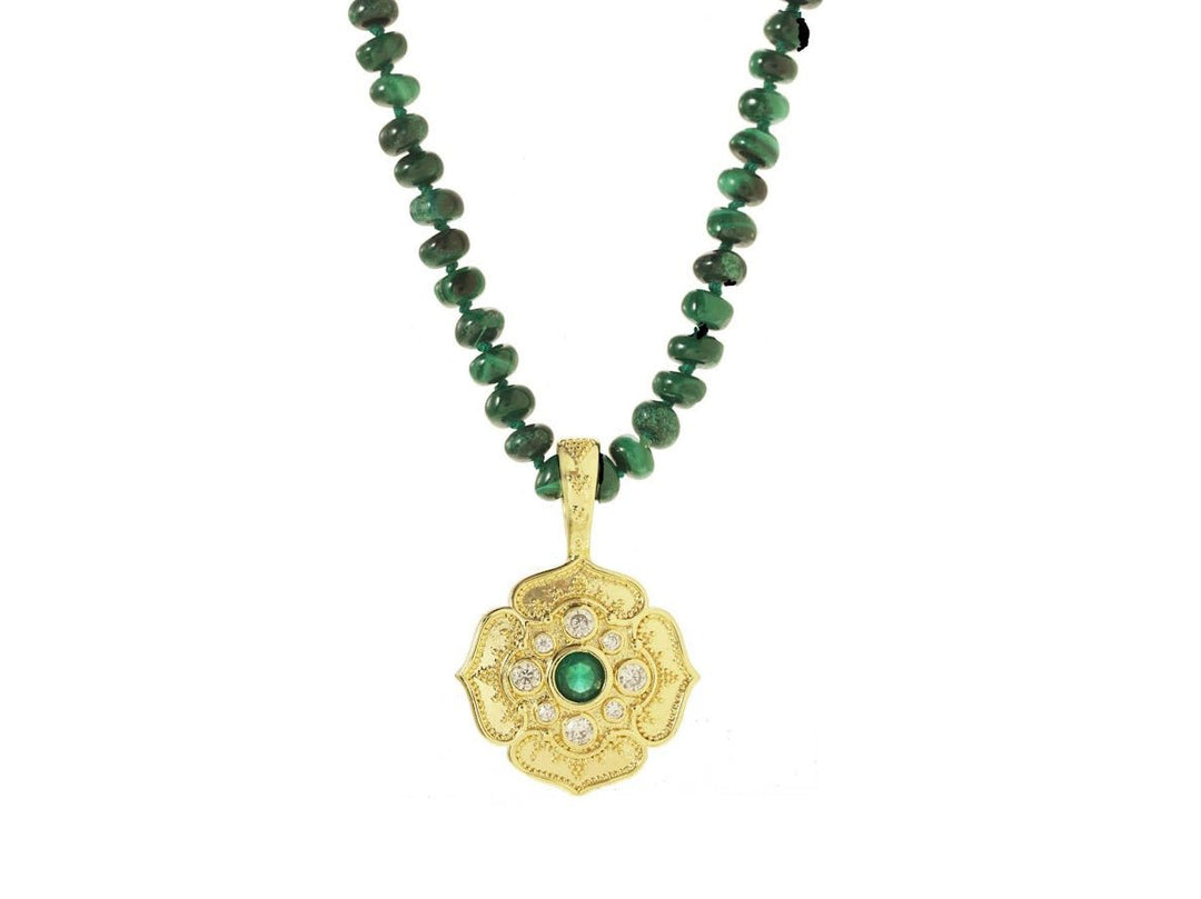 Malachite Necklace with Gold and CZ Flower Pendant