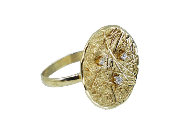 14k Gold 1970s Disc Ring with Three Diamonds