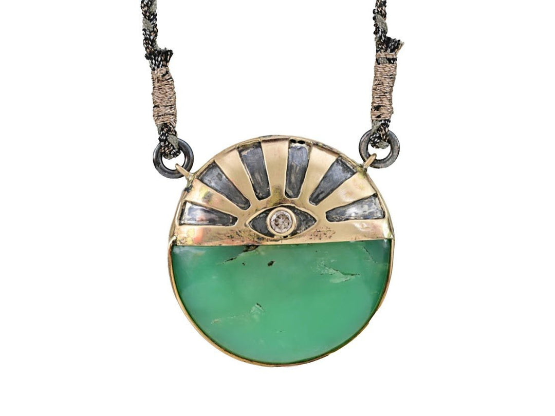10k/SS Green Chrysoprase Disc Necklace with Sunrise and Diamond Eye