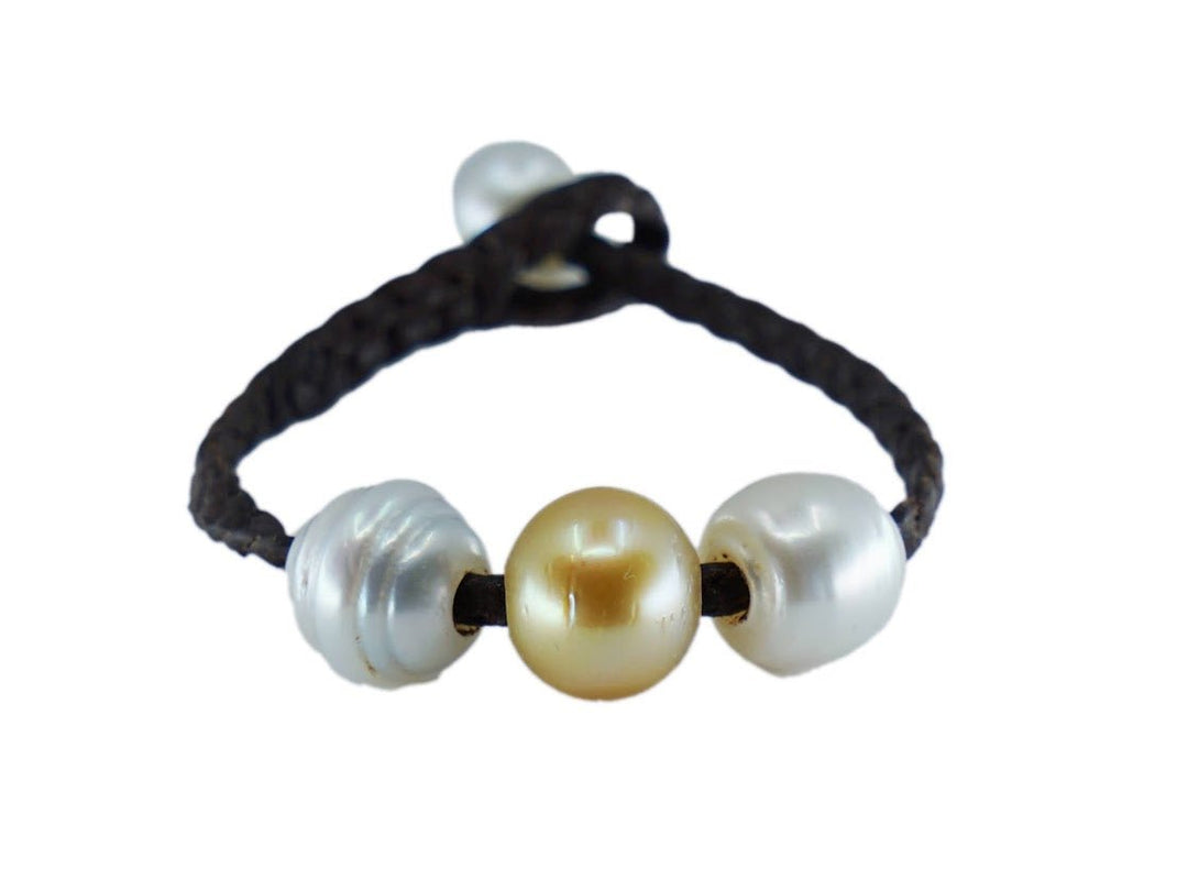 Braided Brown Leather Bracelet with White and Gold Tahitian Pearls