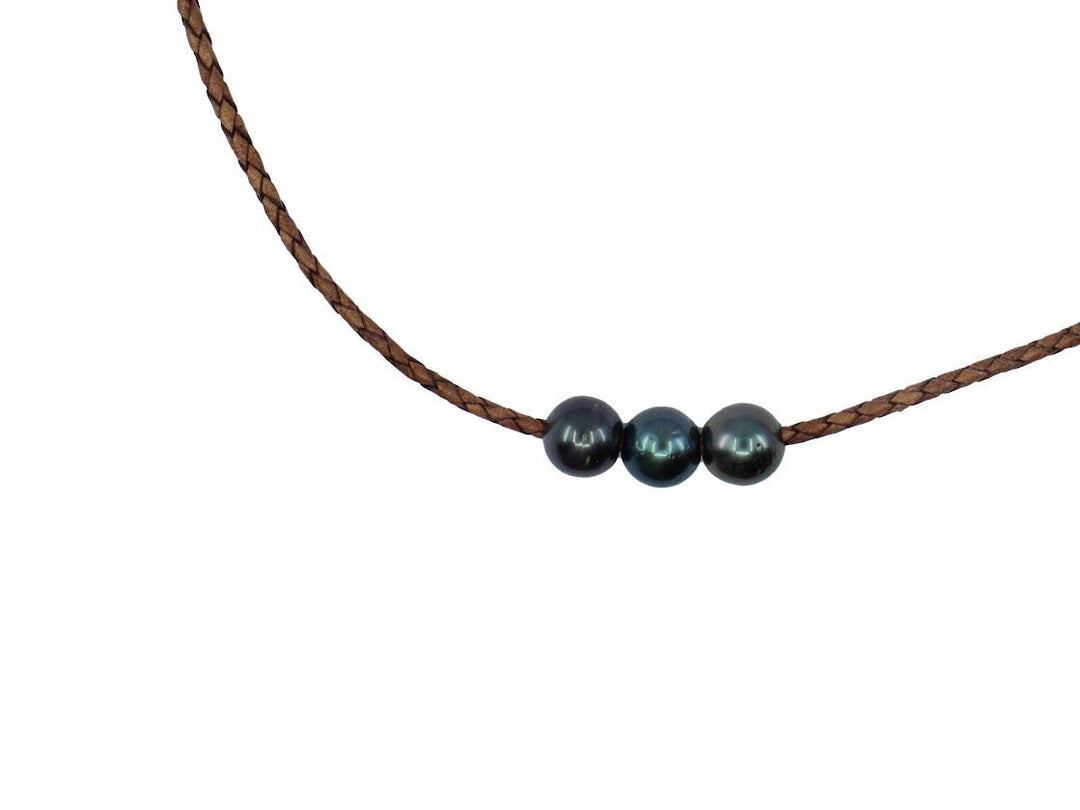 Brown Leather Necklace with 3 Dark Gray Tahitian Pearls
