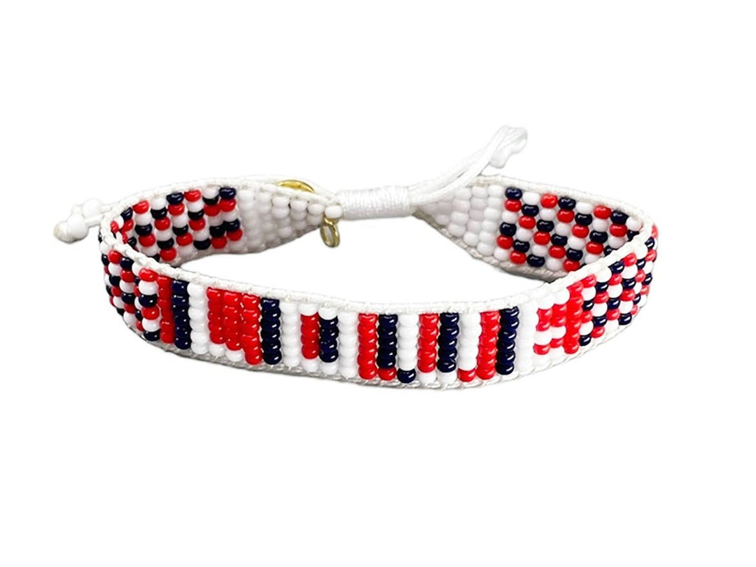 Navy, Red, and White Beaded LOVE Bracelet.