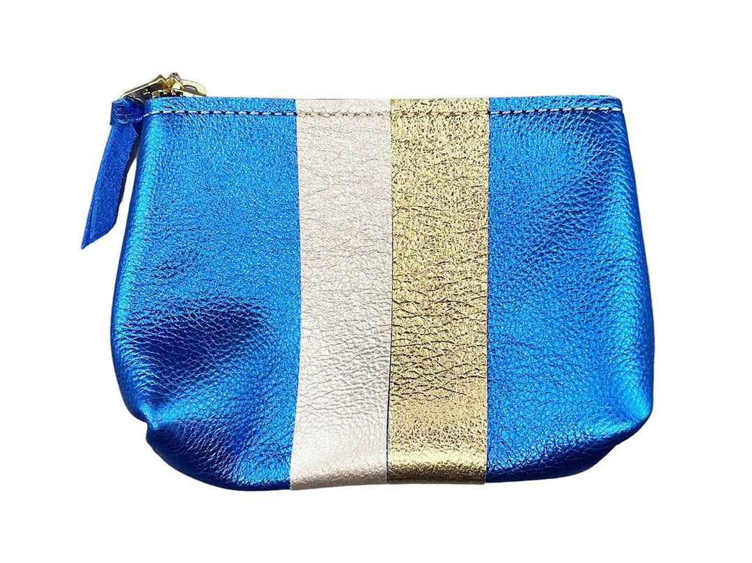 Small Royal Blue Metallic Leather Makeup Clutch with Silver and Gold Stripes