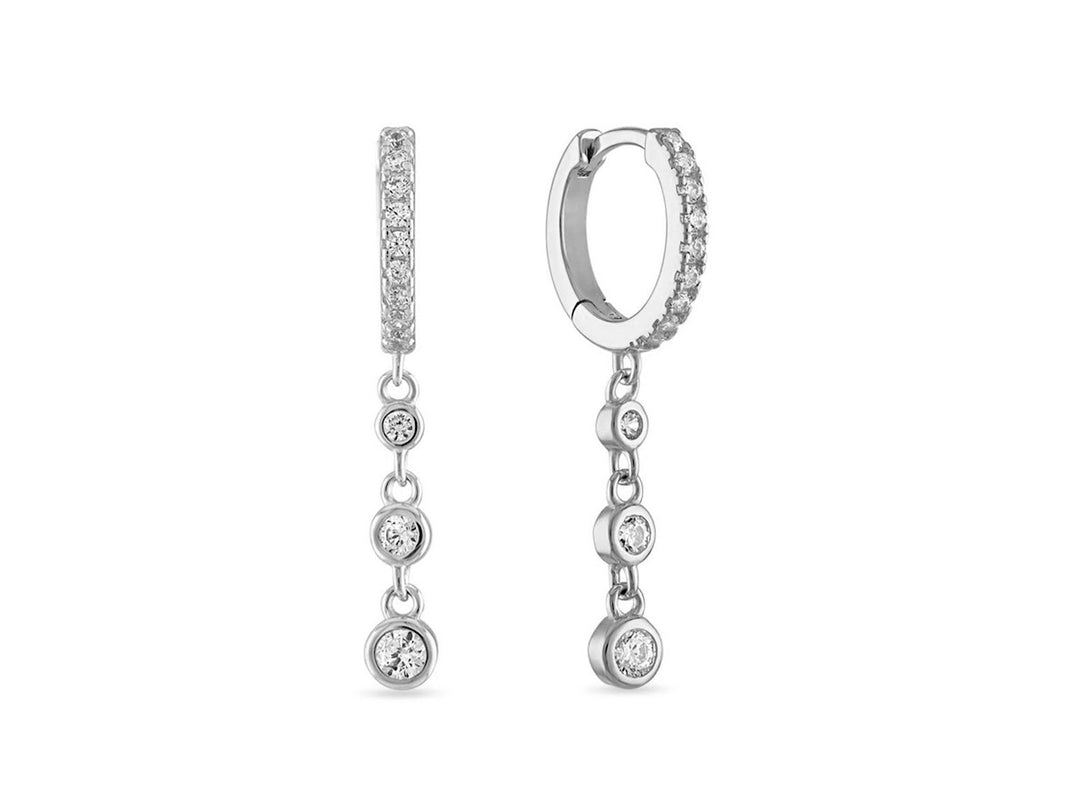 Silver Dangle Drop CZ Huggie Hoops
