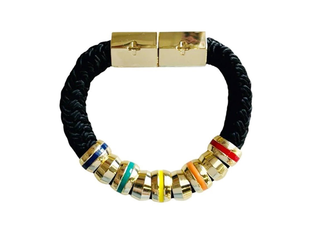 Black Woven Bracelet with Multicolor Enamel Beads