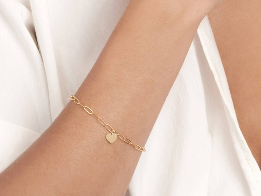 14k Heart Charm Bracelet with Paper Clip Chain