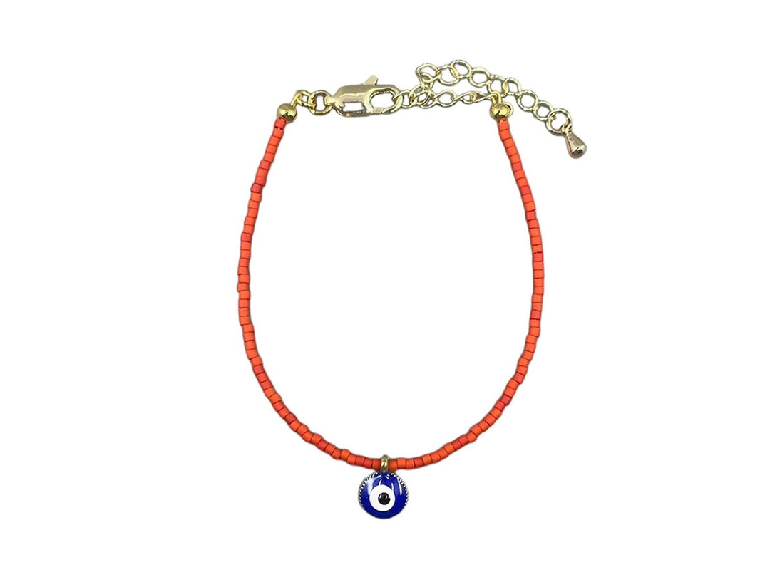 Orange Seed Bead Bracelet with Evil Eye Charm