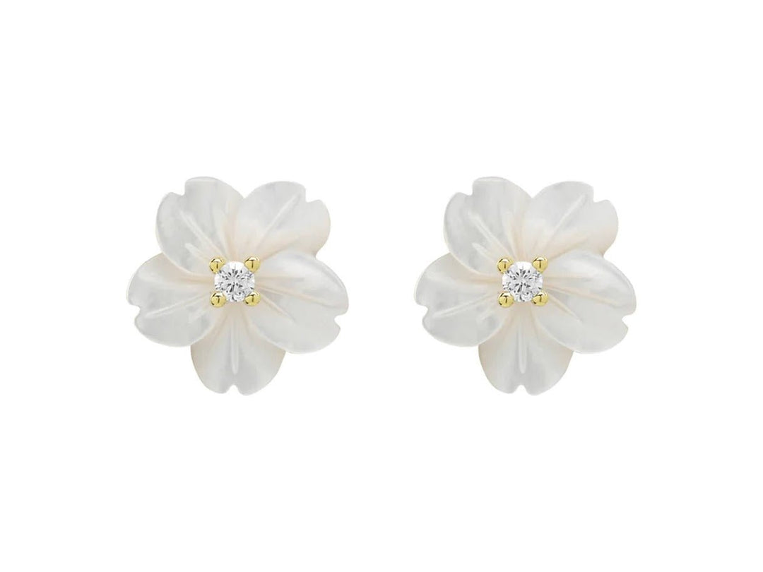 Gold and Carved MOP Flower Studs with CZs