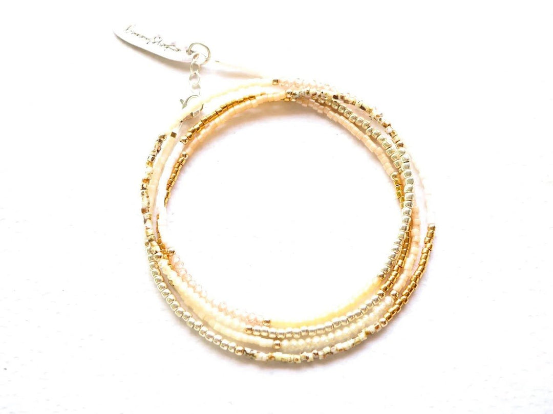 Gold, Silver, and White Bead Wrap Bracelet