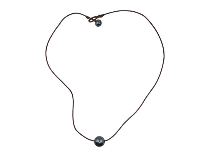 Brown Leather Necklace with Dark Tahitian Pearl
