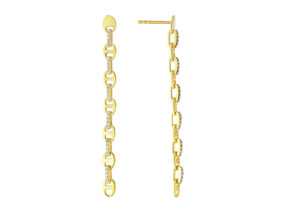 Long Gold Fancy Link Drop Earrings with CZs