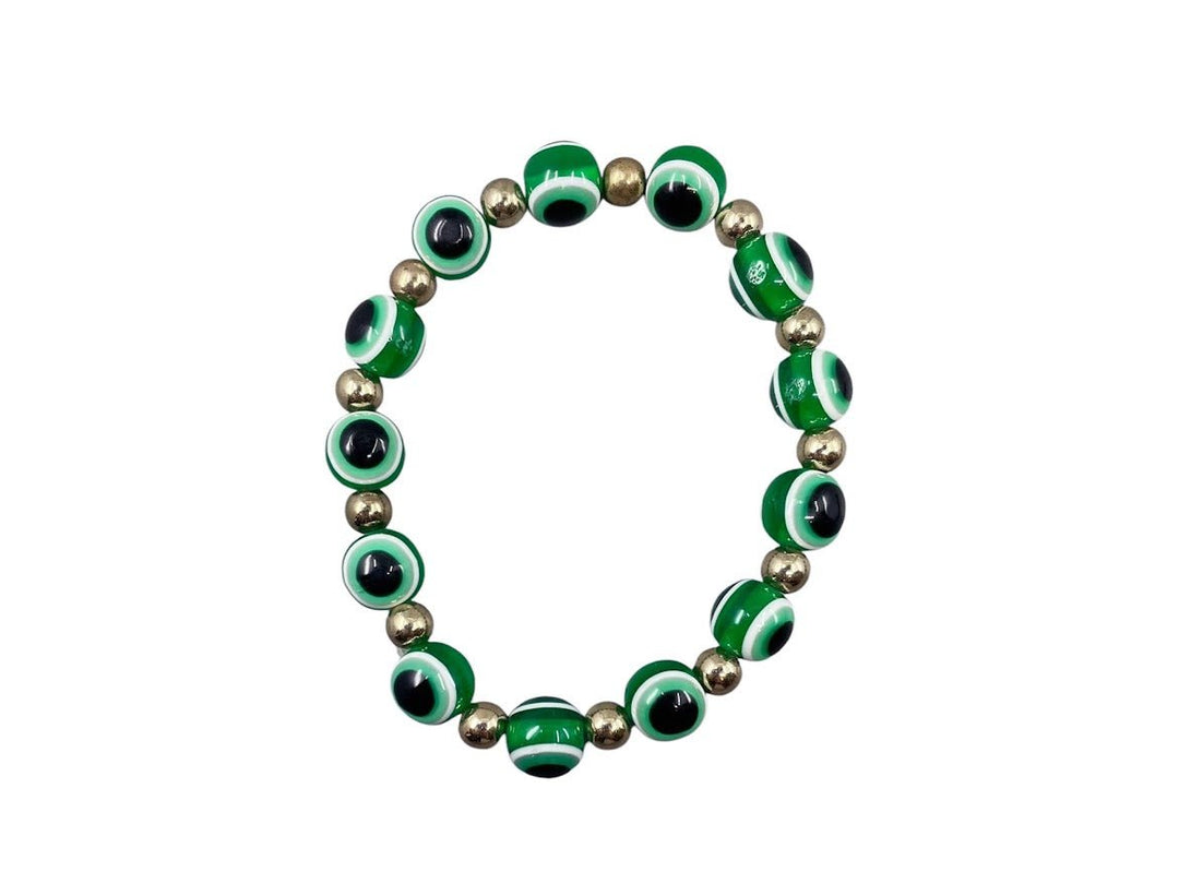 Gold Bead Bracelet with Green Glass Evil Eye Beads.