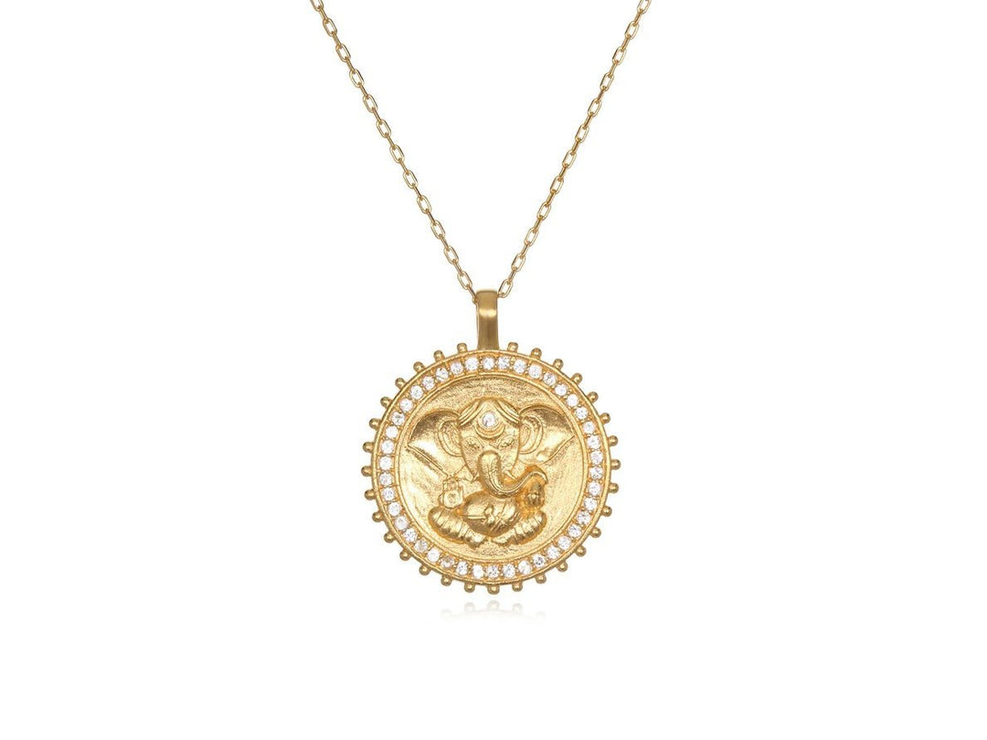 Gold Ganesha Charm Necklace with White Topaz