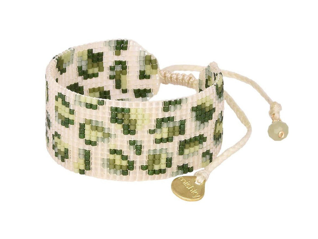 White, Olive, and Green Panther Beaded Bracelet.