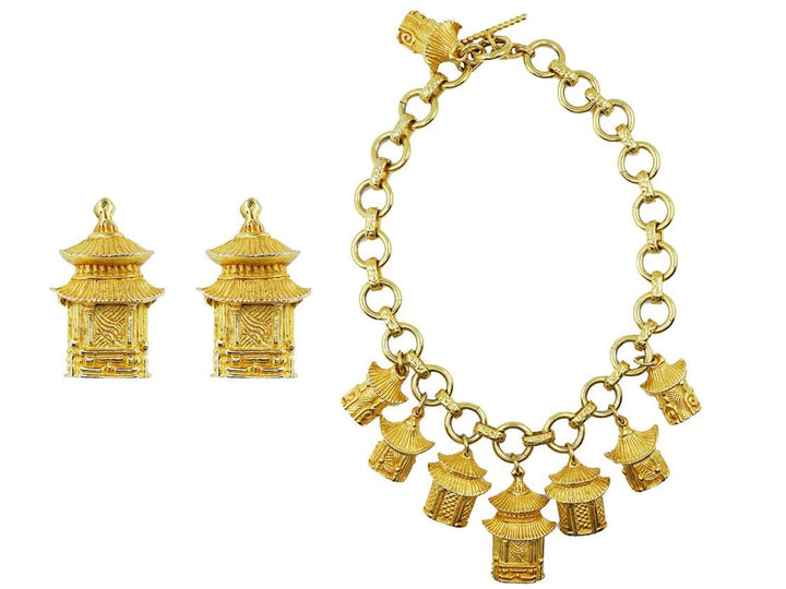1980s Dominique Aurentis Paris Pagoda Necklace and Earrings
