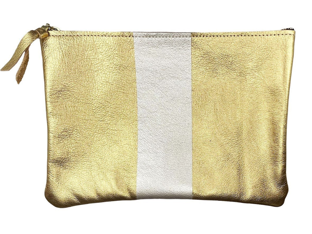Large Gold Metallic Leather Everyday Pouch with Platinum Stripe