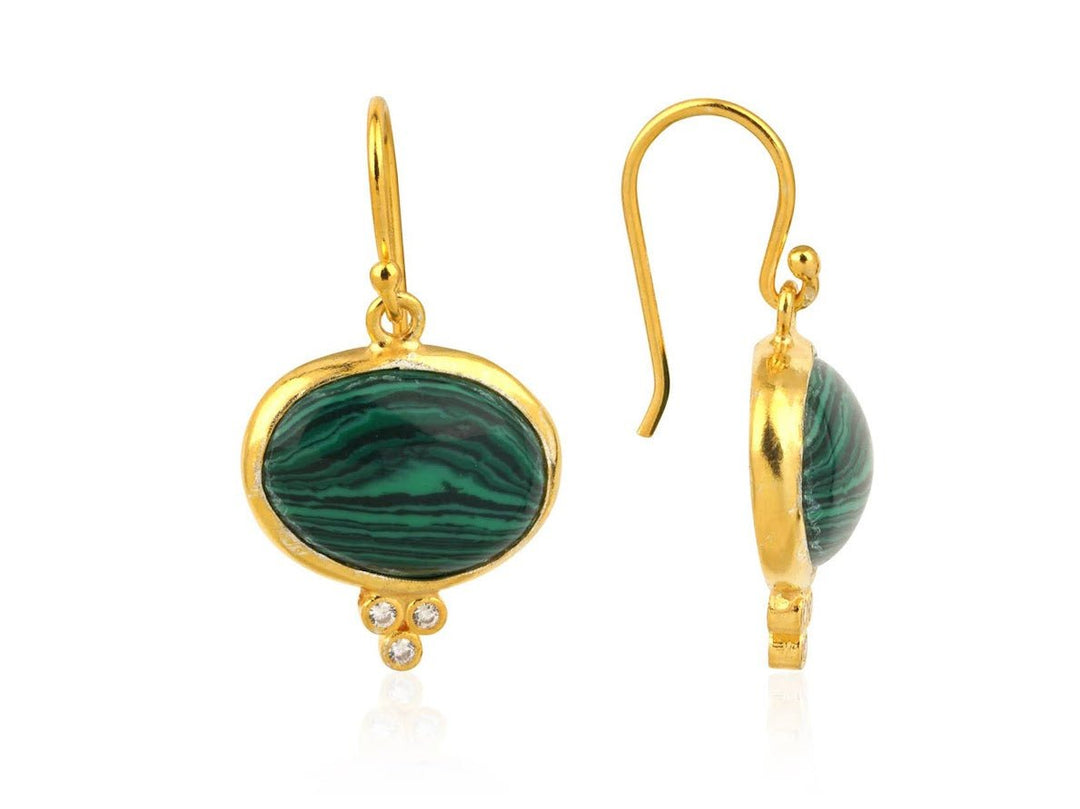 Gold and Malachite Oval Drop Earrings with CZs