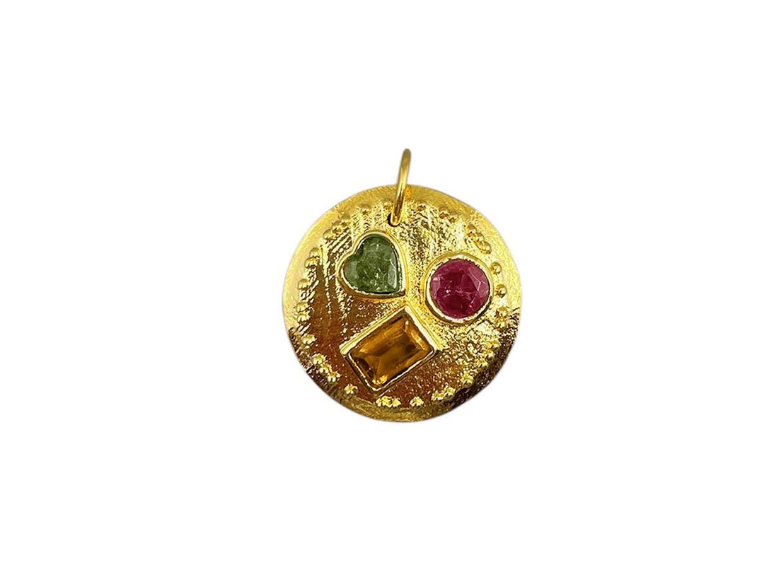Gold Disc Charm with 3 Tourmaline Stones