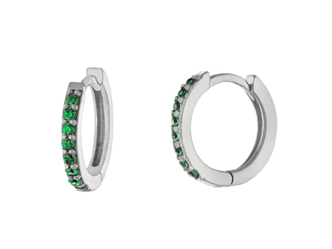 Silver Huggie Hoops with Green CZs