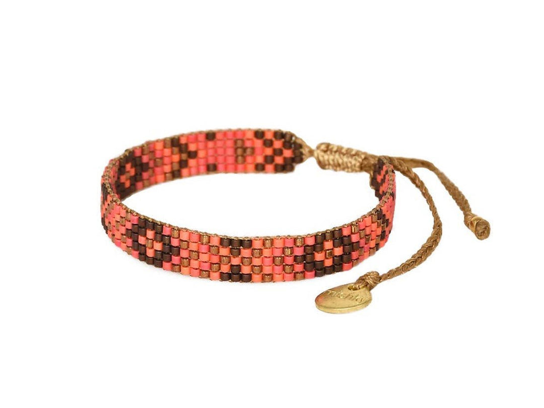 Narrow Orange and Brown Diamond Evil Eye Beaded Bracelet