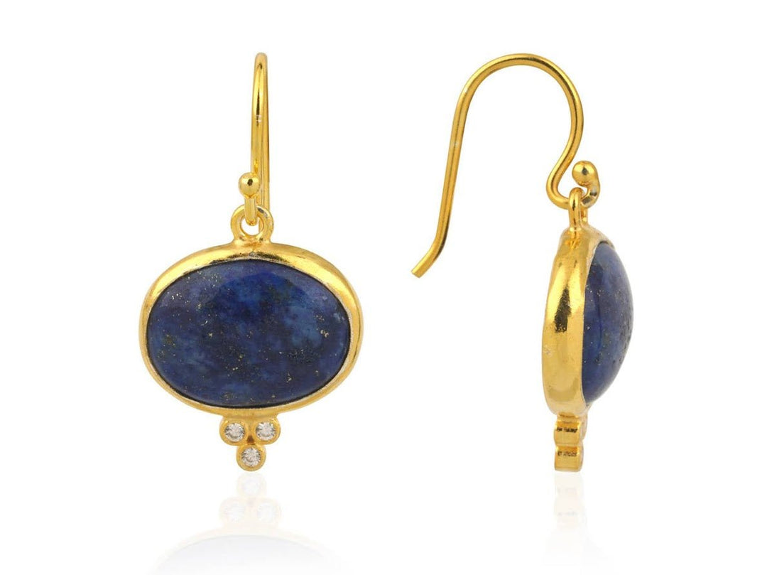 Gold and Lapis Oval Drop Earrings with CZs