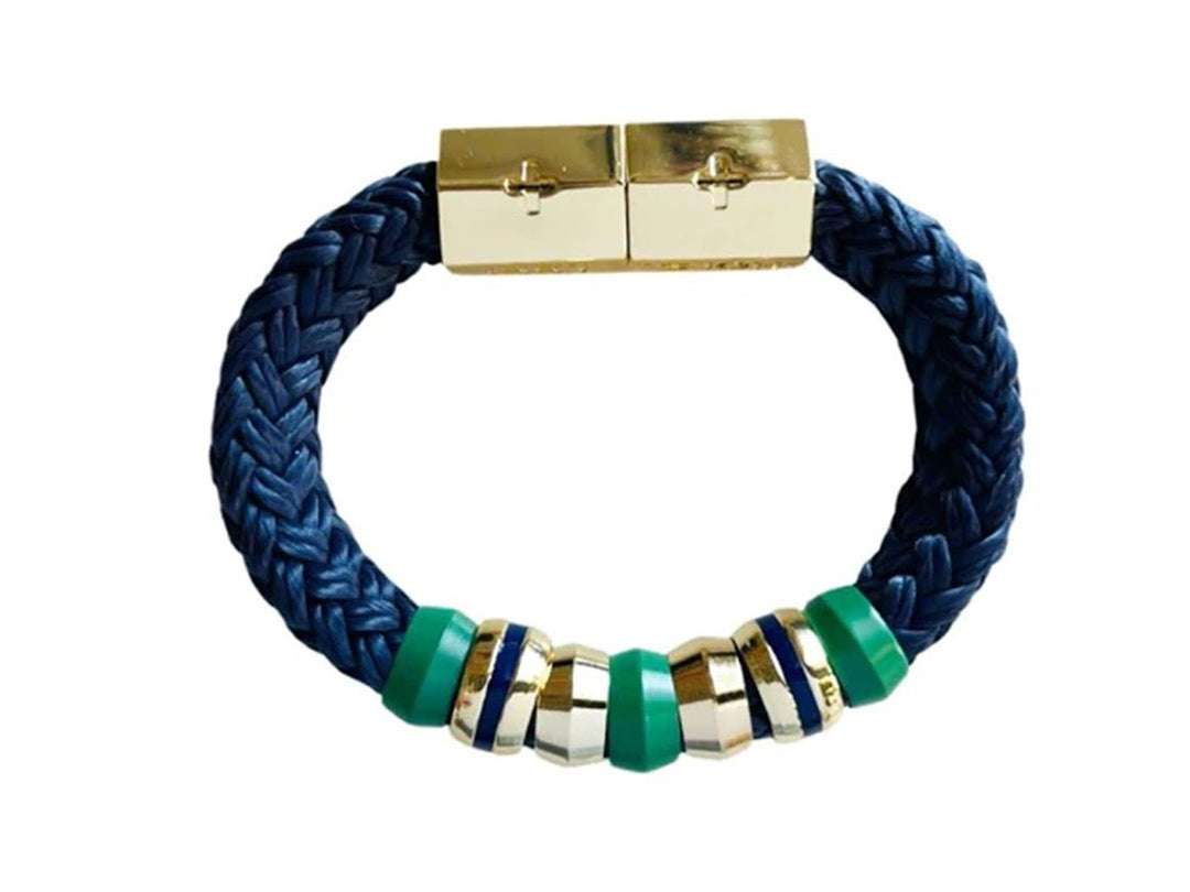 Navy Woven Bracelet with Aqua Enamel Beads