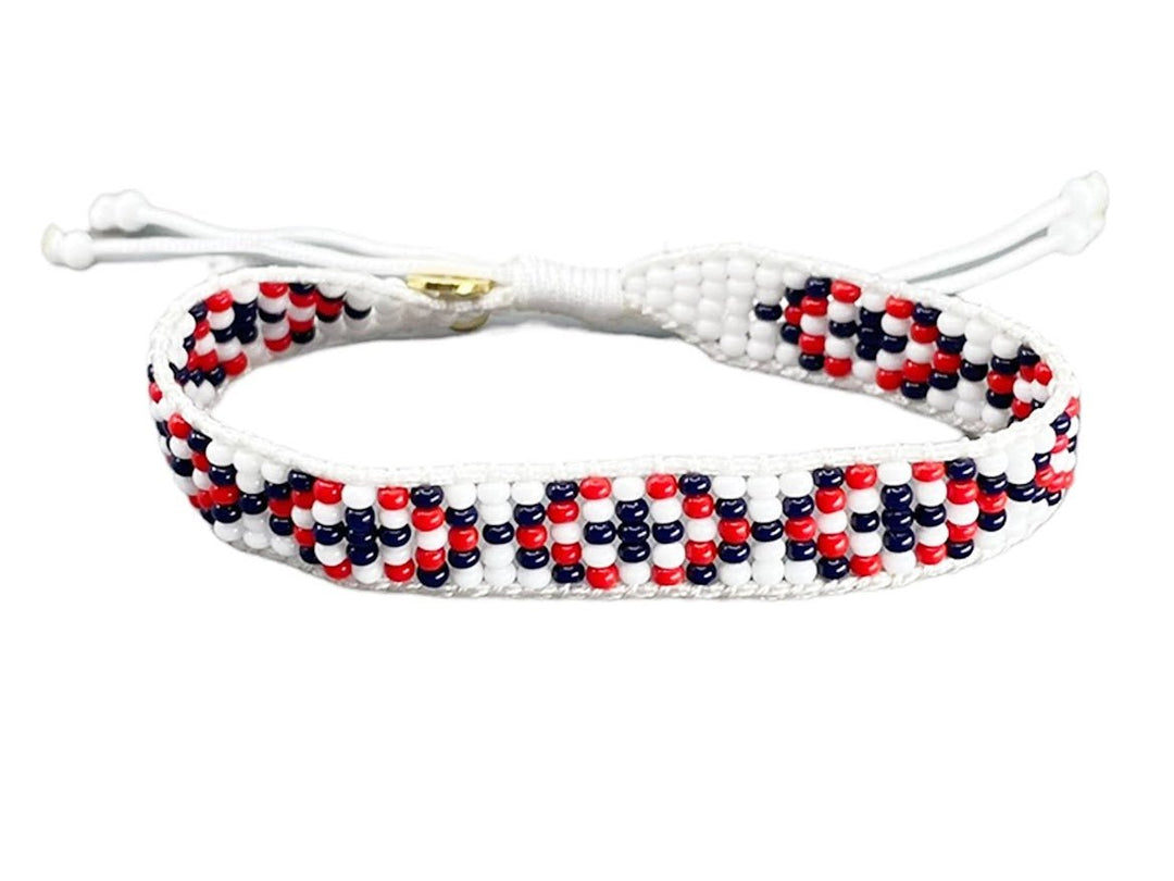 Navy, Red, and White Beaded Evil Eye Bracelet.