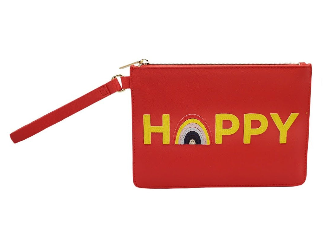 Medium Pouch in Coral with "HAPPY" Applique