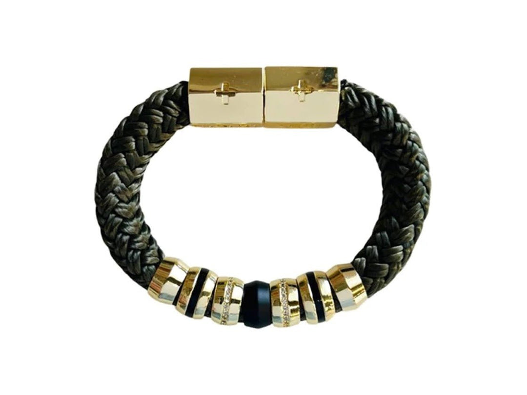 Army Green Woven Bracelet with Enamel Beads