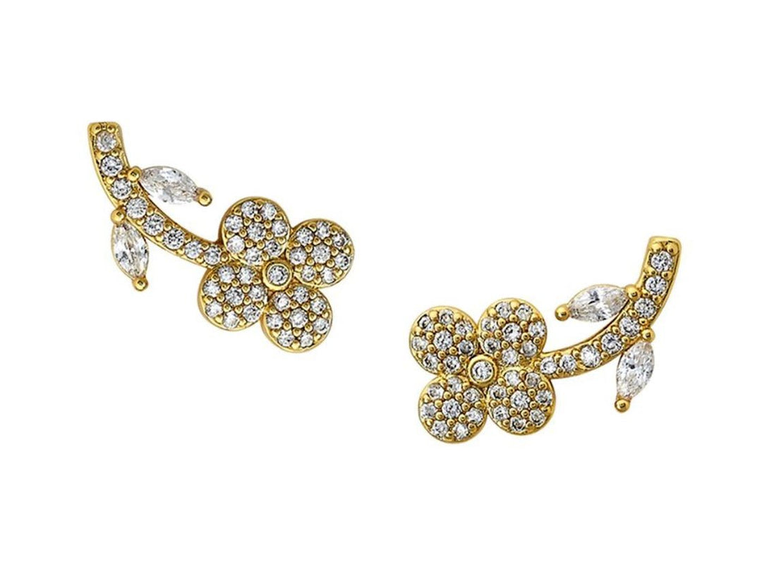 Gold Flower Climber Earrings with CZs