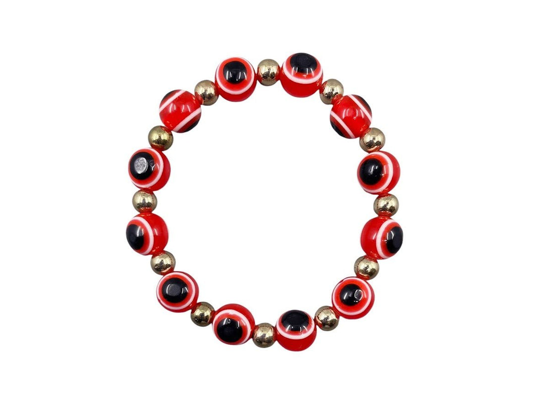 Gold Bead Bracelet with Red Glass Evil Eye Beads.