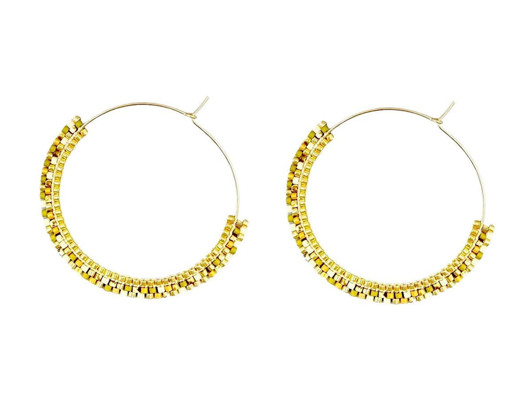 Gold and White Beaded Hoop Earrings