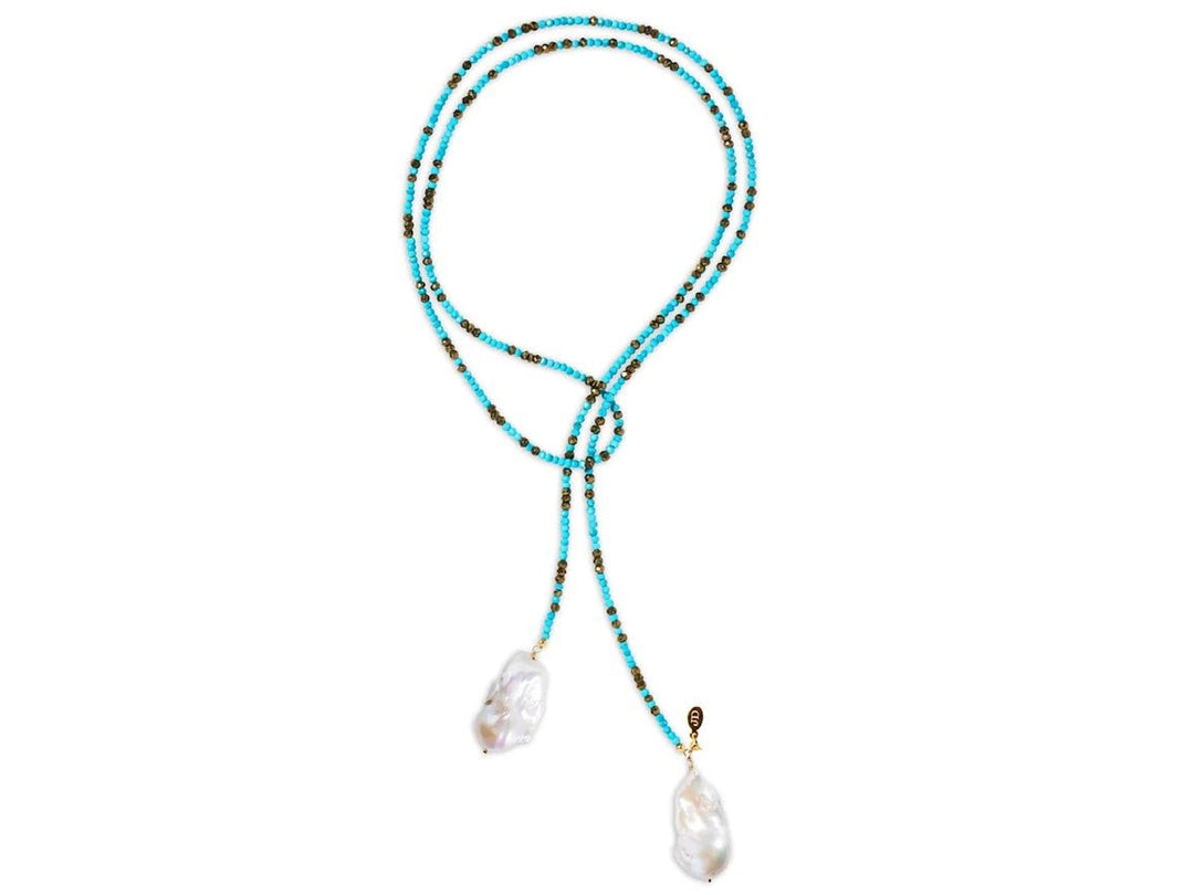 Turquoise and Pyrite Ombre Lariat with Baroque Pearls