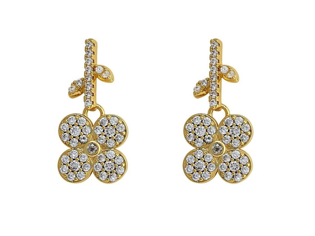 Gold Flower Drop Earrings with CZs