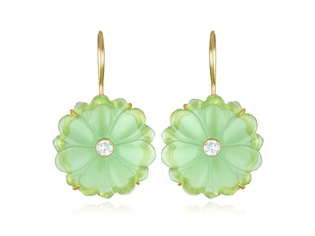 Carved Light Green Quartz Flower Earrings with CZs