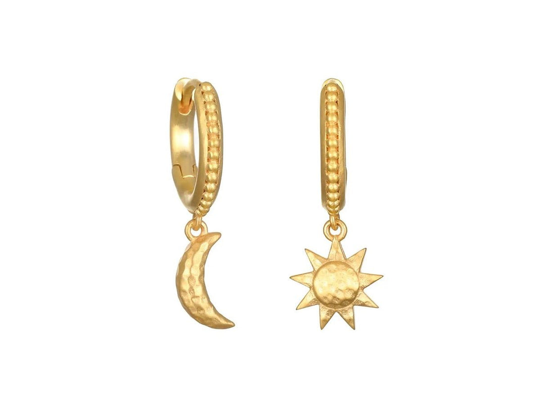 Gold Huggie Hoops with Hammered Moon and Sun Charms
