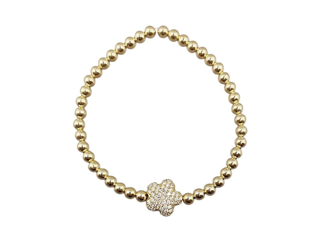 4mm Gold Bead Bracelet with Pave CZ Flower Charm