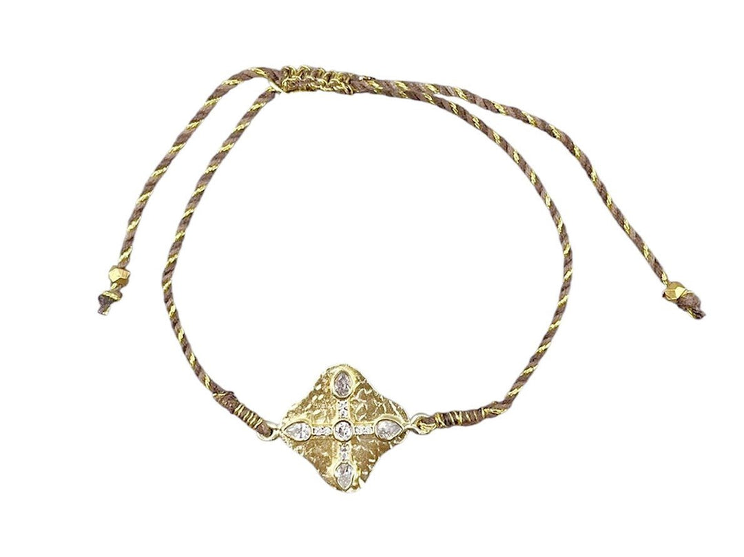 Brown Cord Bracelet with Gold and Zircon Shield