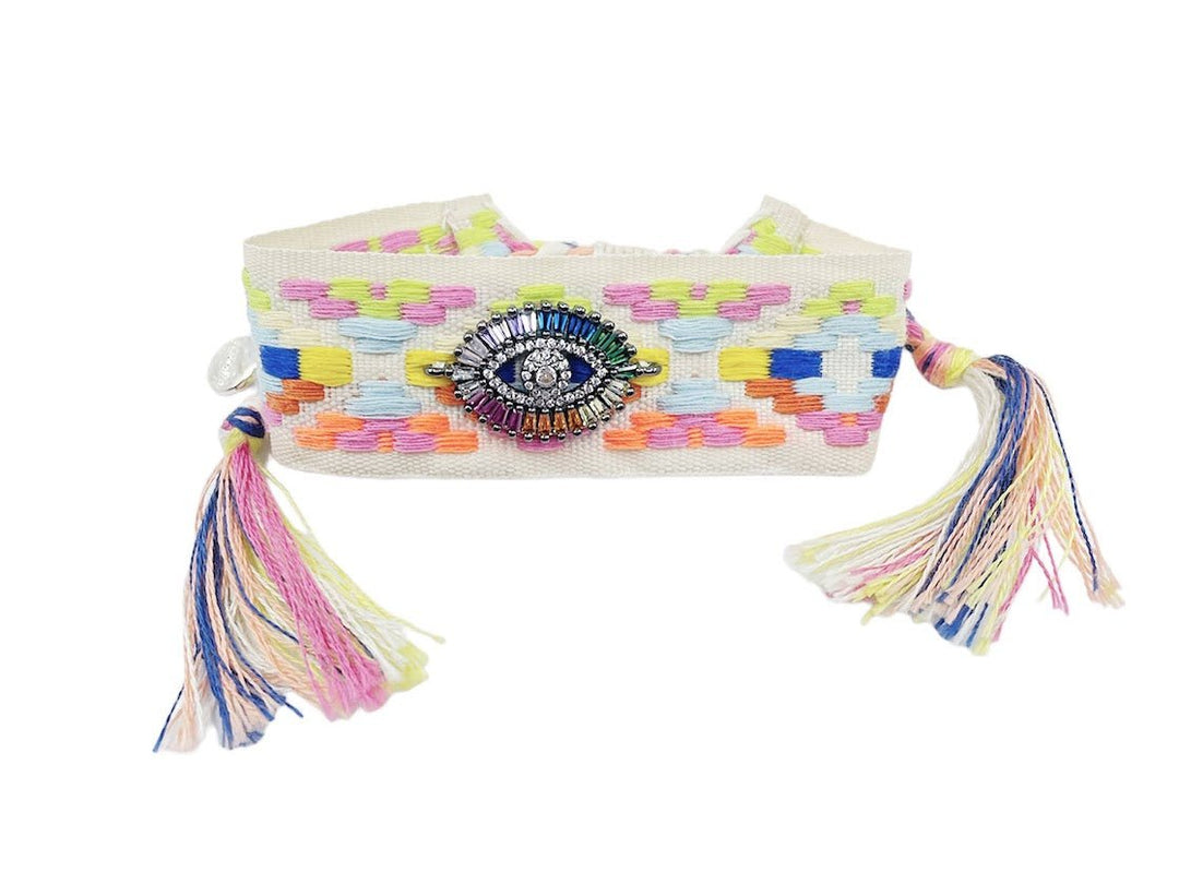 Rainbow on Ivory Woven Bracelet with Evil Eye.