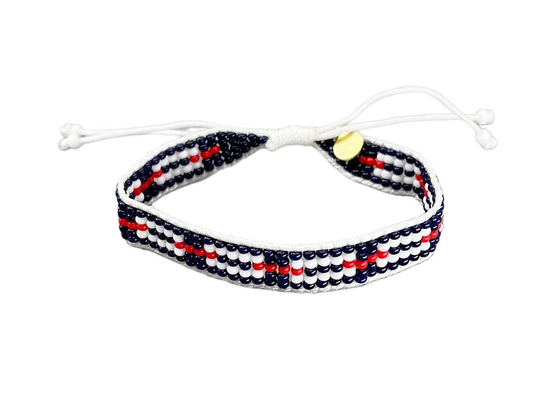 Navy, Red, and White Beaded Rectangles Bracelet.