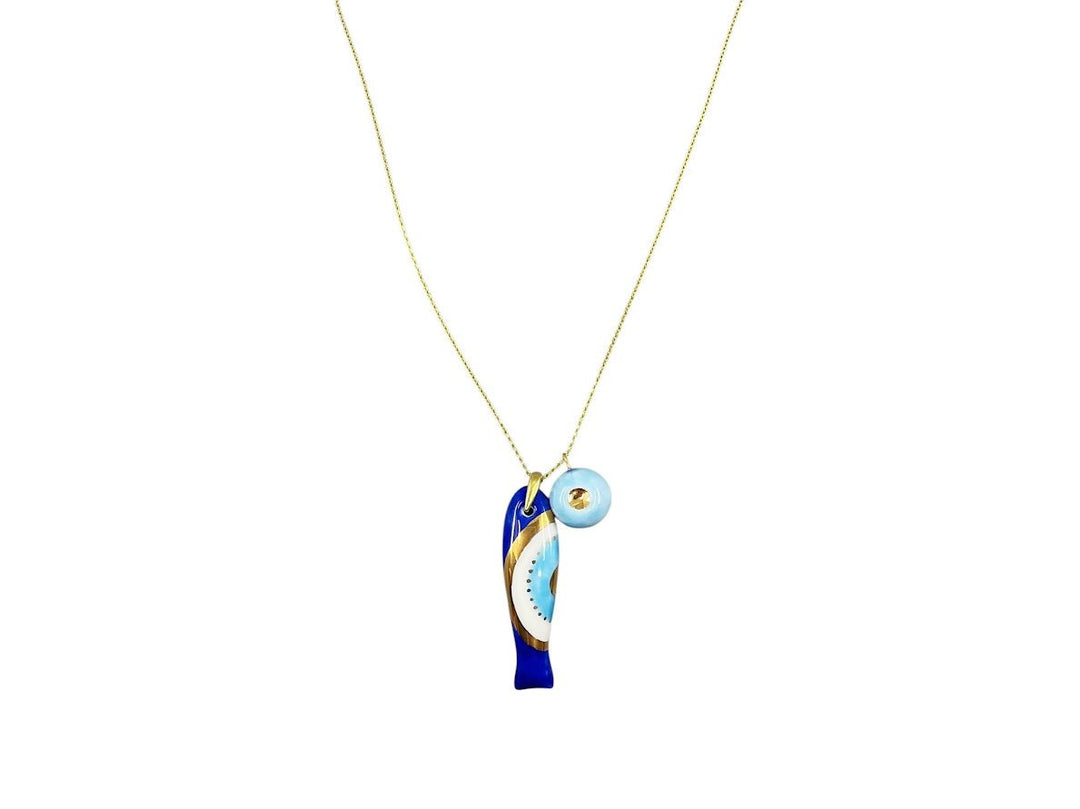 Handpainted Italian Porcelain Navy and Turquoise Evil Eye Big Fish Charm