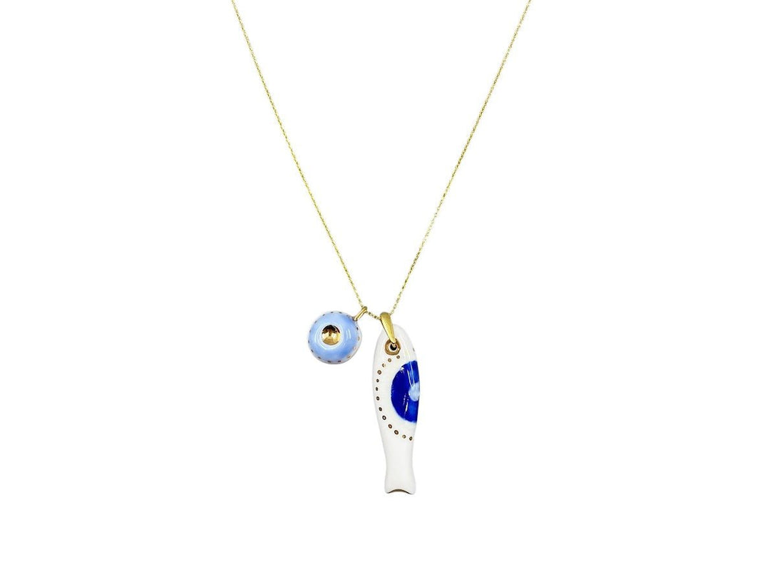 Handpainted Italian Porcelain Navy and Gold Evil Eye Fish Charm
