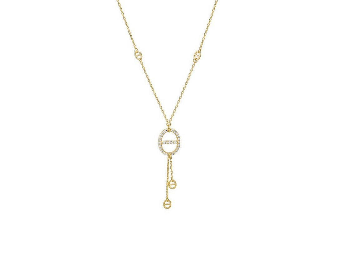 Gold Lariat Necklace with Mariner Charm and CZs