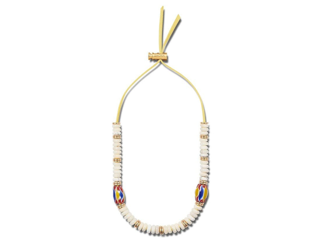 White Glass Bead and Multicolor Fluted Bead Necklace.