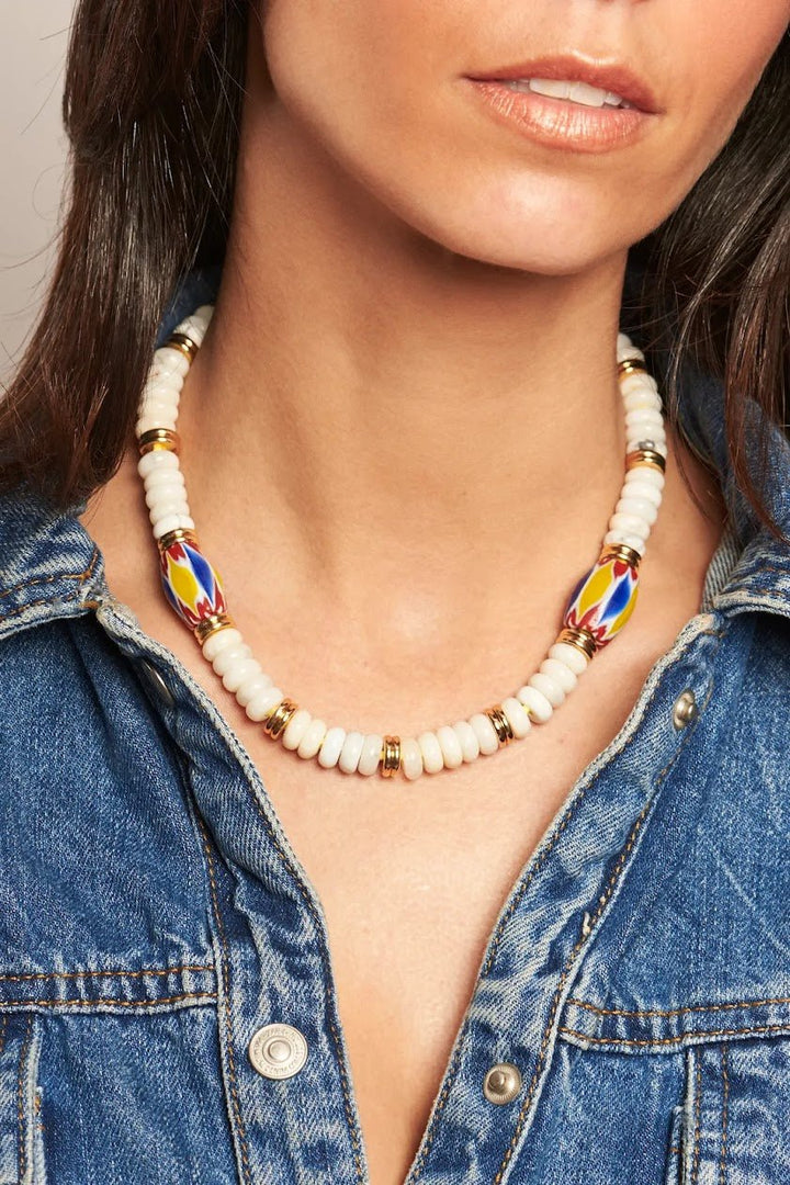 White Glass Bead and Multicolor Fluted Bead Necklace.