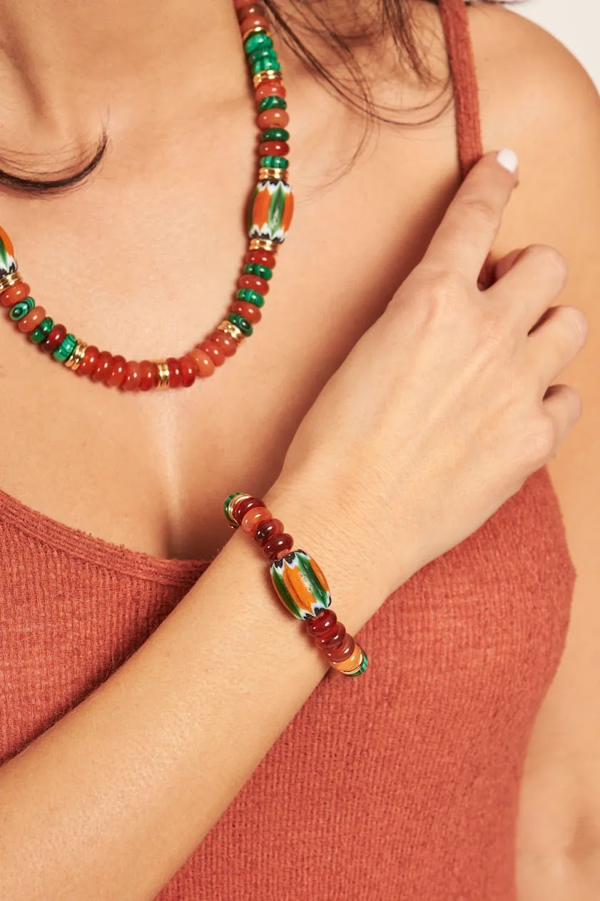 Orange Agate, Malachite, and Glass Bead Bracelet.